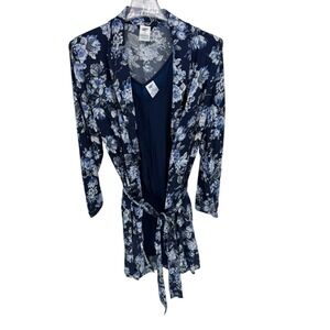 Women's Lands' End Navy Blue Floral Robe Set Sz M Robe And Nightgown
